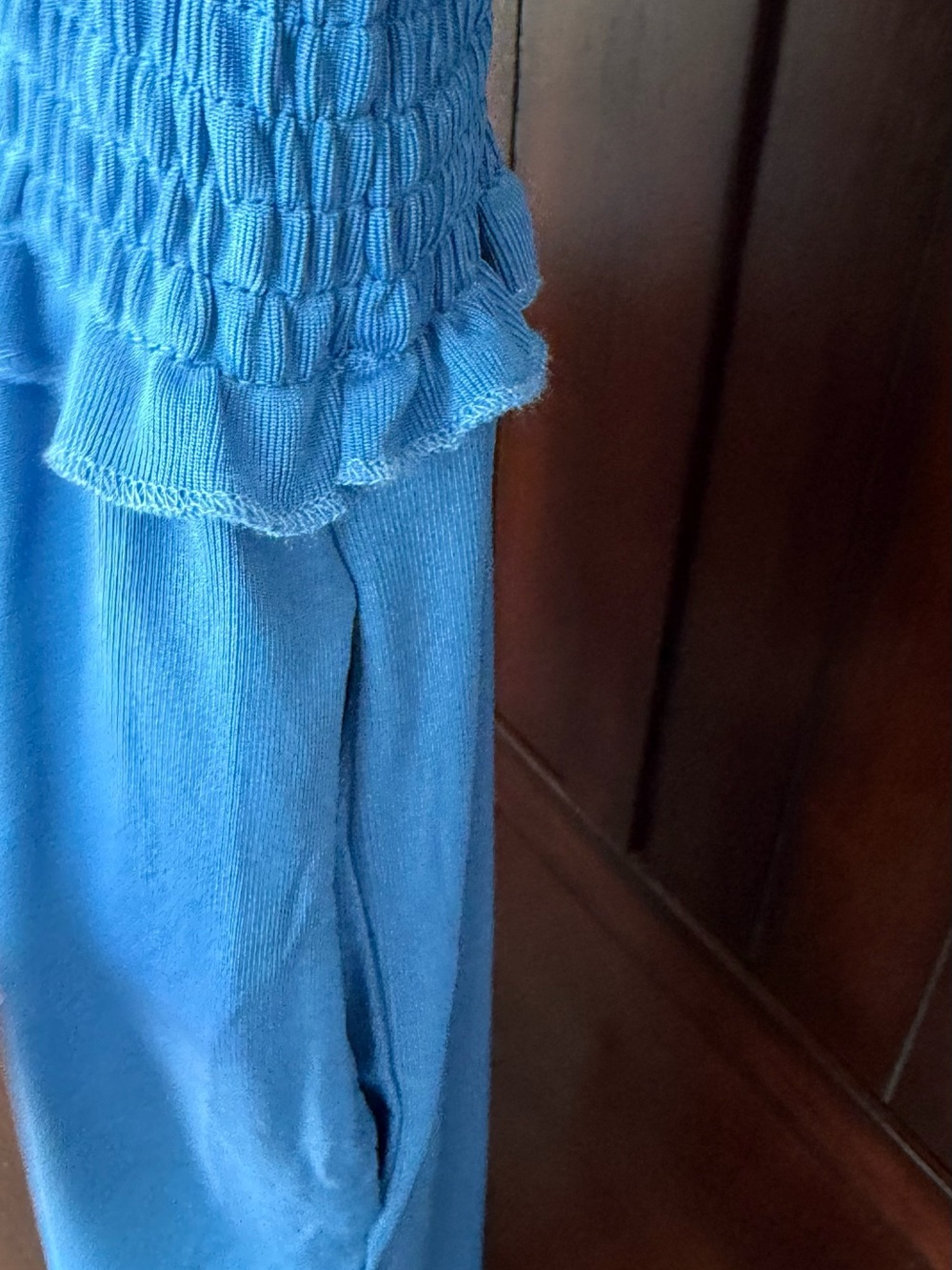 Smocked Blue Sleeveless Jumpsuit Romper with Pockets - Picture 7 of 9